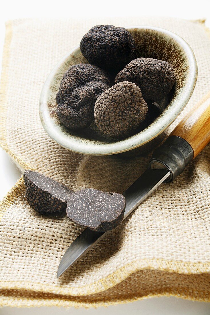 Black truffles (Chinese truffles) in dish on jute sack