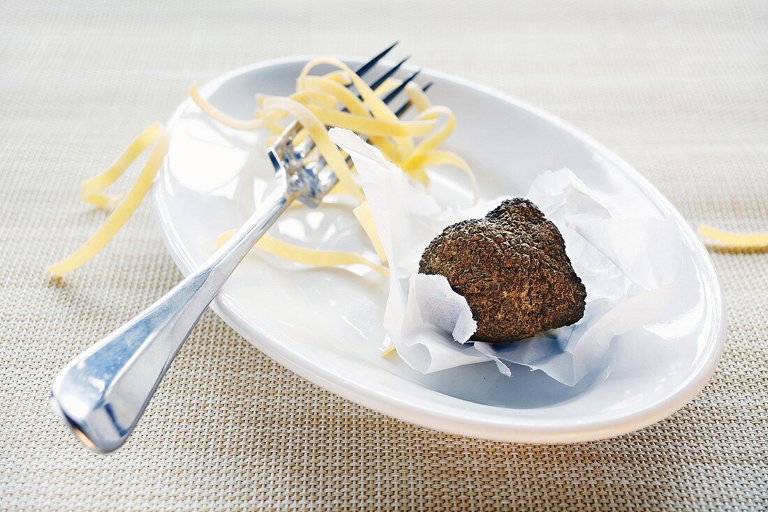 Black truffle (Perigord truffle) on paper, ribbon pasta on fork