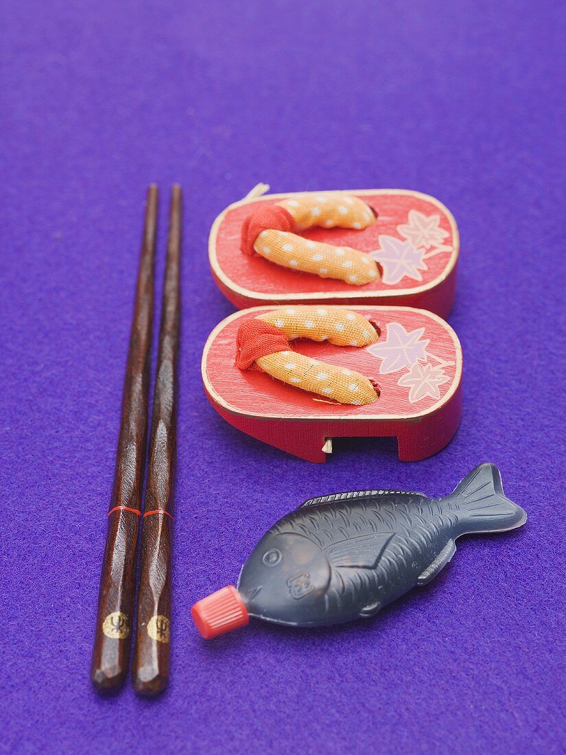 Chopsticks, soy sauce and chopstick holders