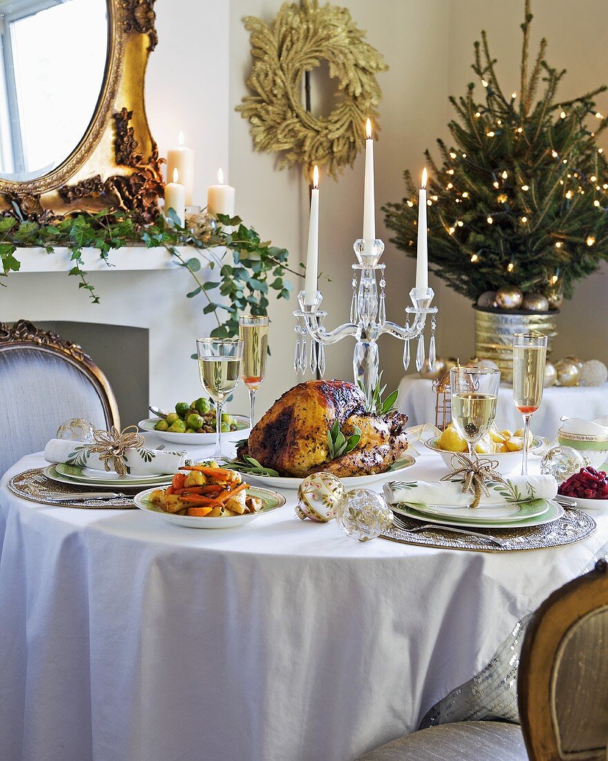 Christmas dinner on festive table
