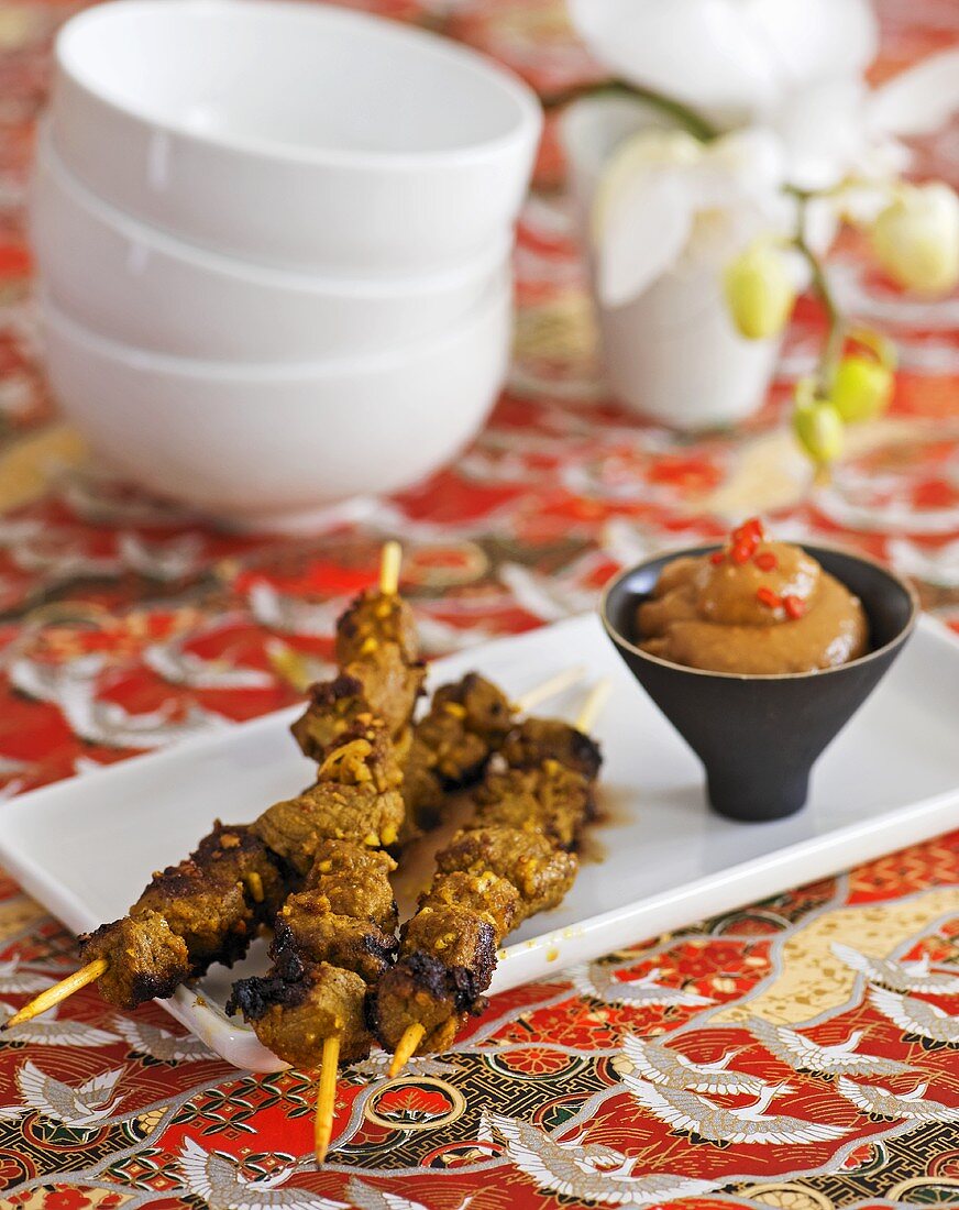 Satay (Beef skewers with spicy peanut sauce, Indonesia)