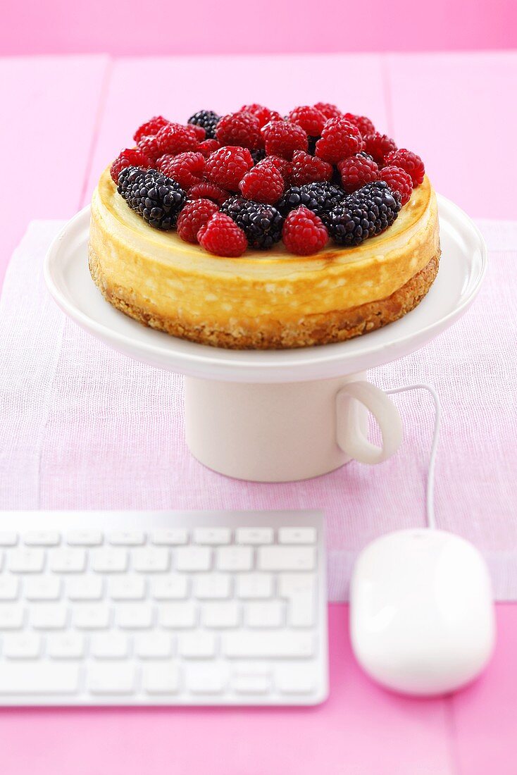 Cheesecake topped with raspberries & blackberries, computer