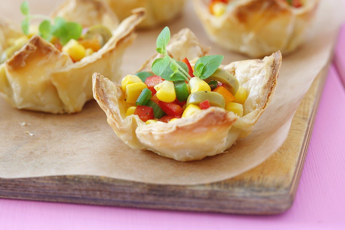 Sweetcorn salad in puff pastry baskets