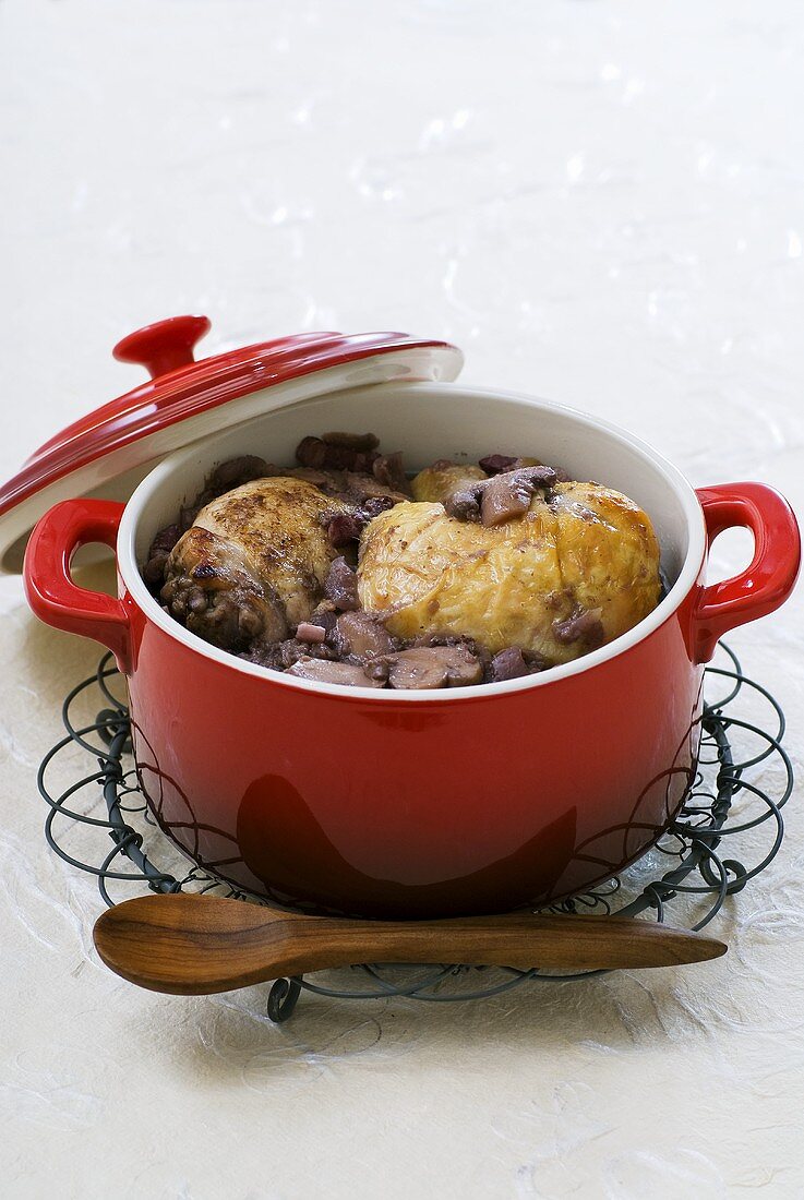 A pot of coq au vin
