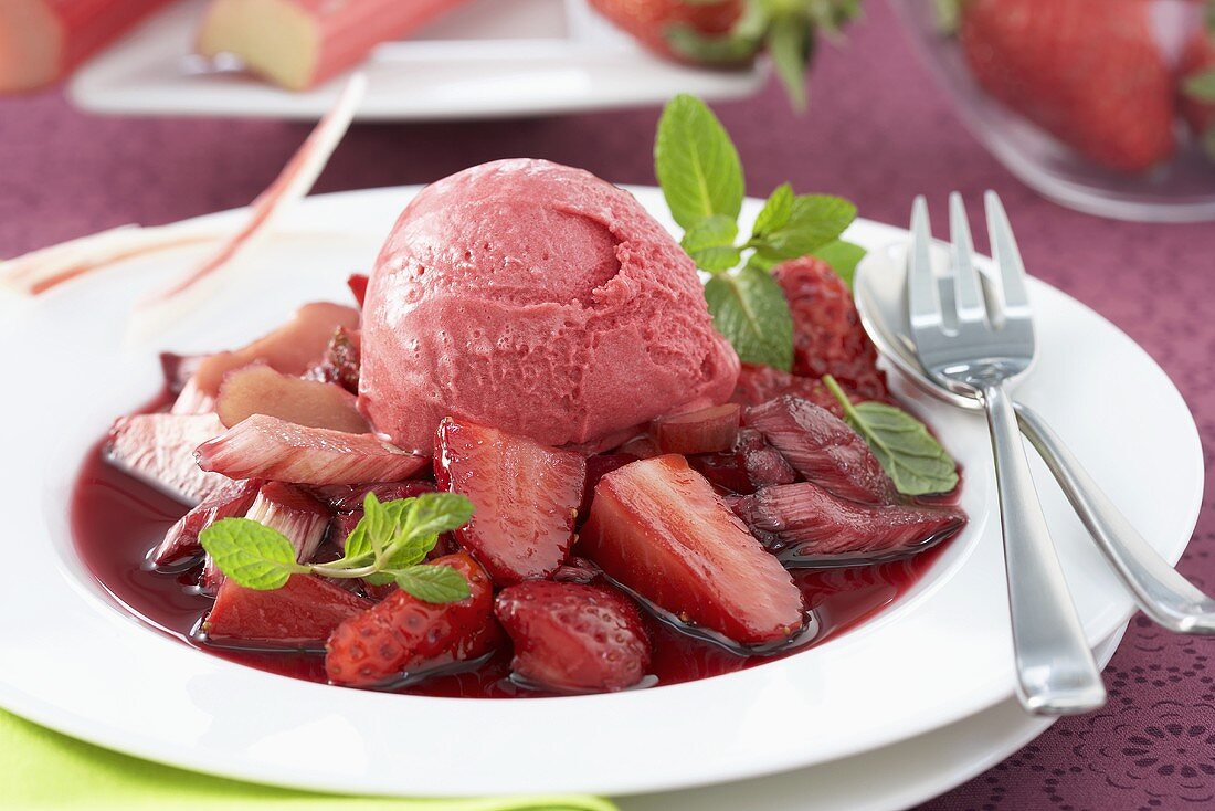 Rhubarb ice cream on strawberry compote