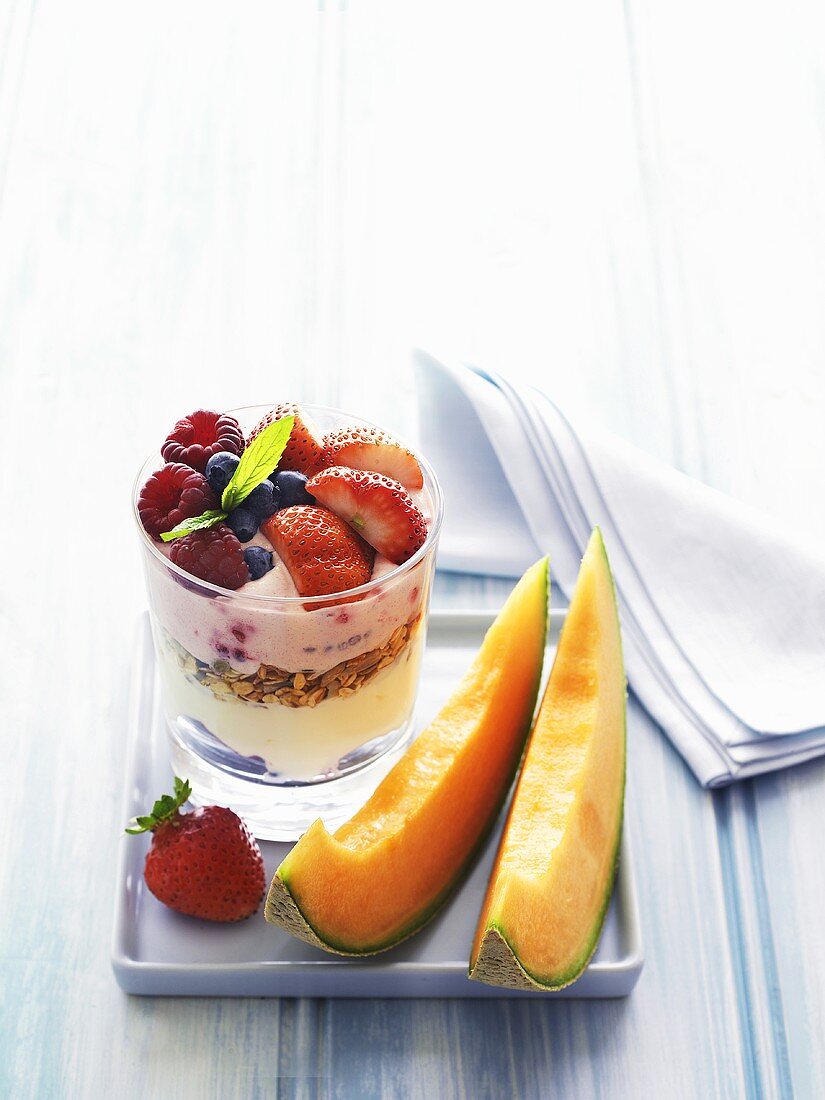 Yoghurt and fruit with melon