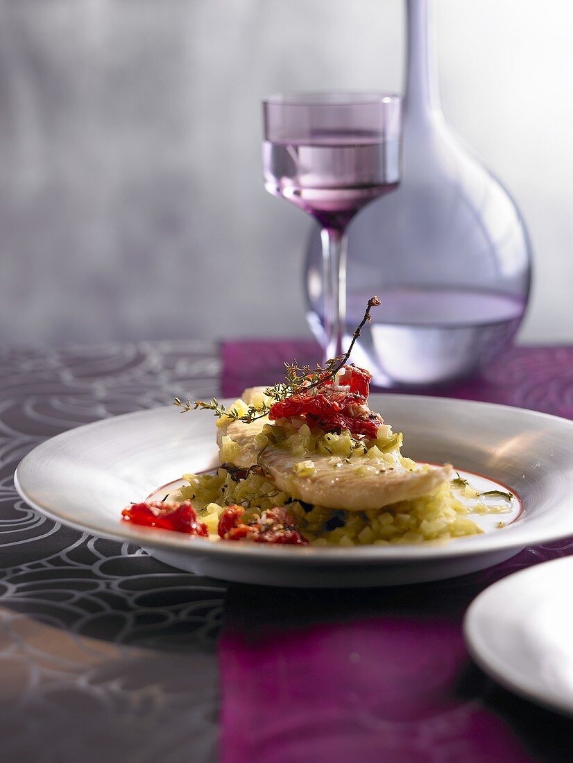 Steinbutt auf gedörrten Tomaten im Ofen gebacken