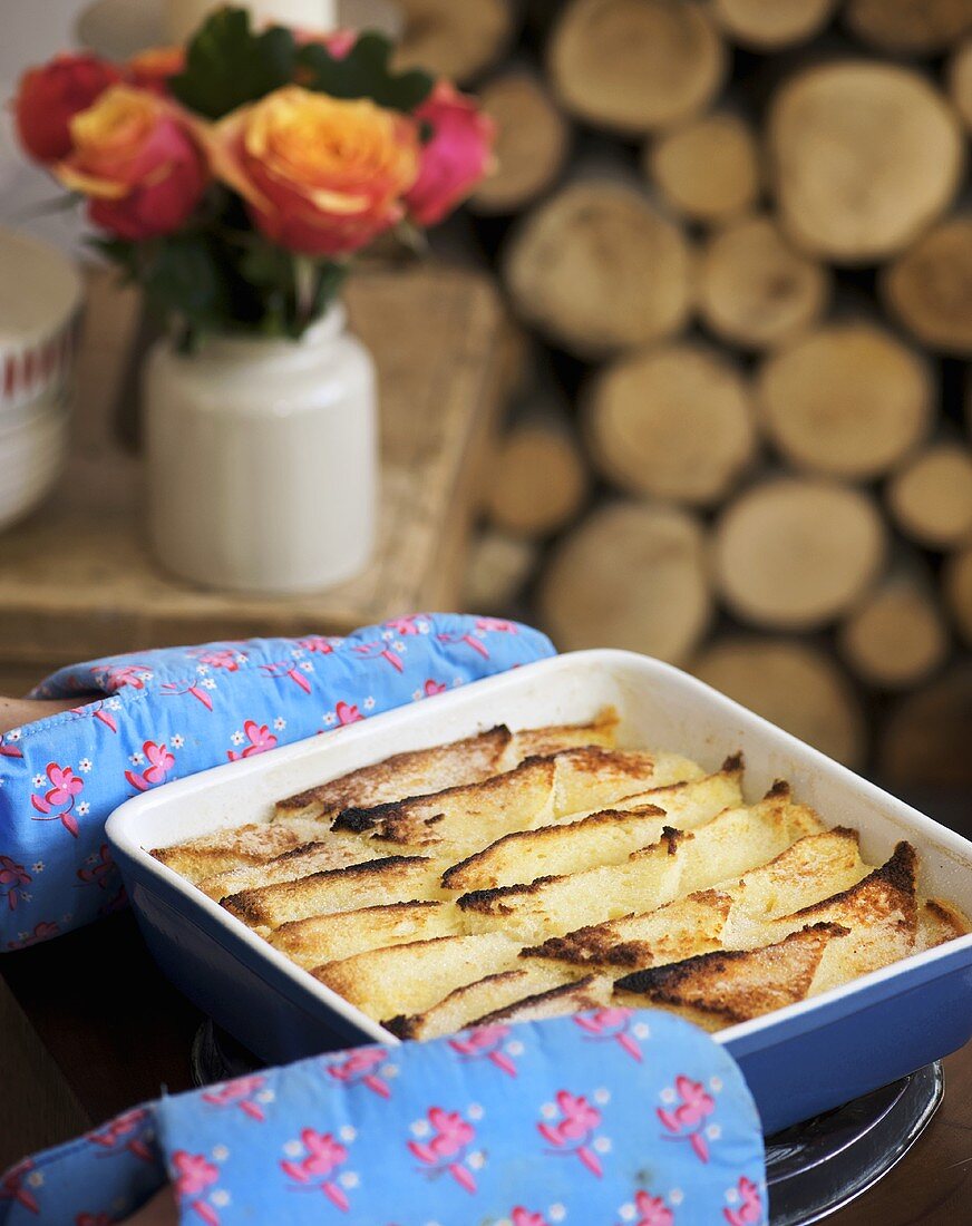 Bread and butter pudding in baking dish