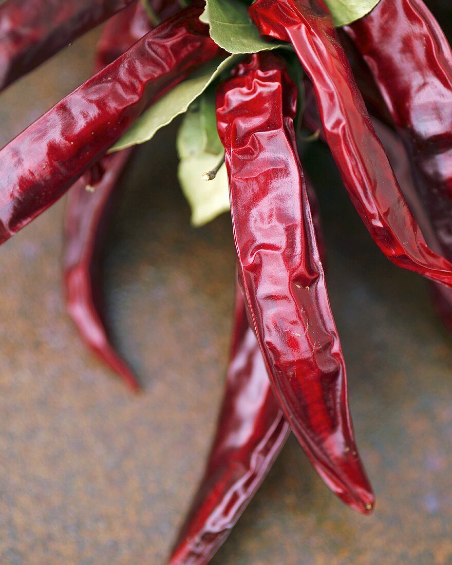 Dried chillies and bay leaves
