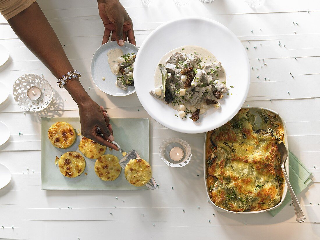 Celeriac & apple gratin & blanquette of veal with creamed morels