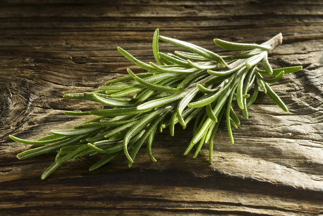 A sprig of rosemary on a wooden background