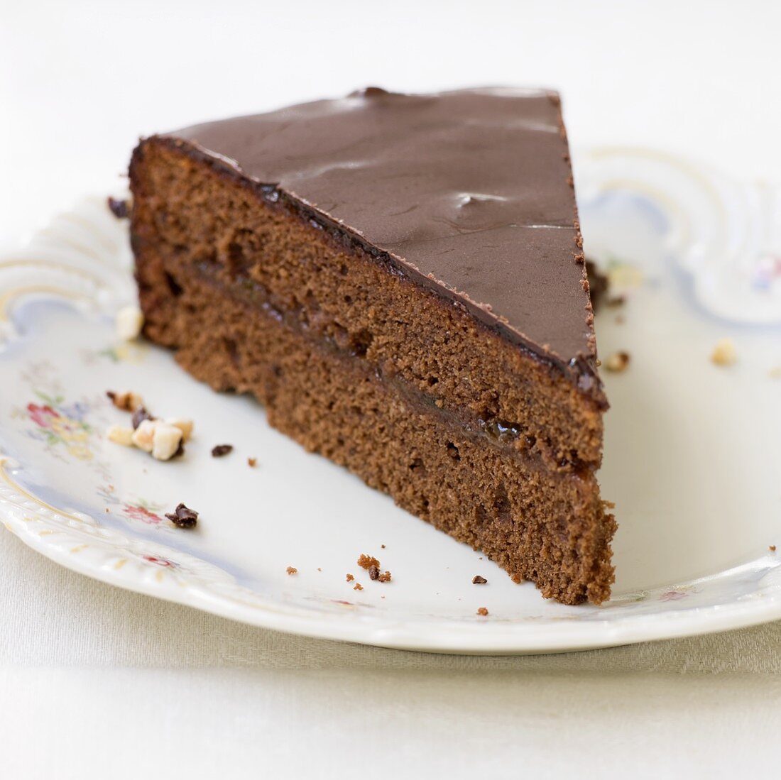 A piece of Sachertorte (chocolate cake) on plate