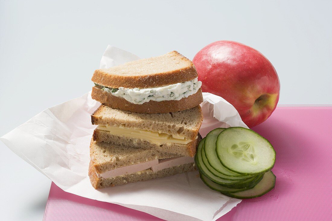 Sandwiches, apple and cucumber for a packed lunch