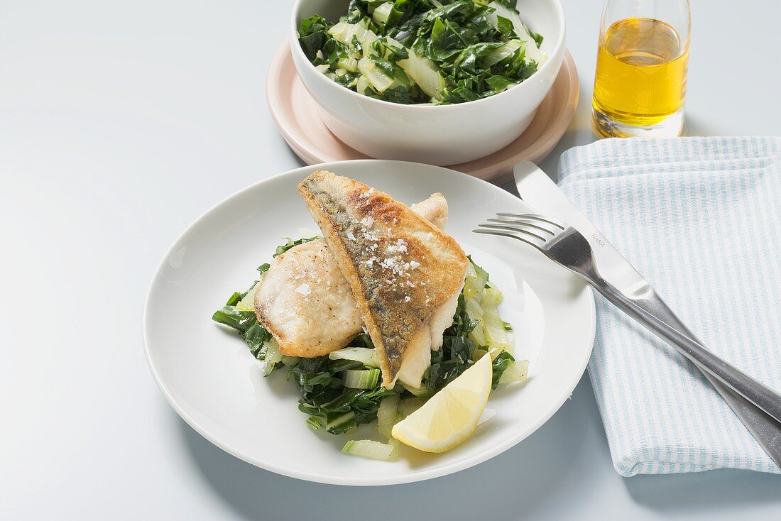 Mackerel fillets on chard