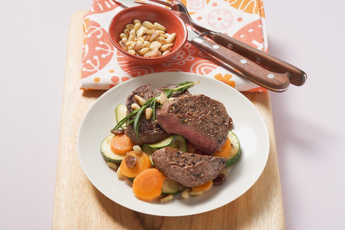 Fillet steak with sweet and sour vegetables