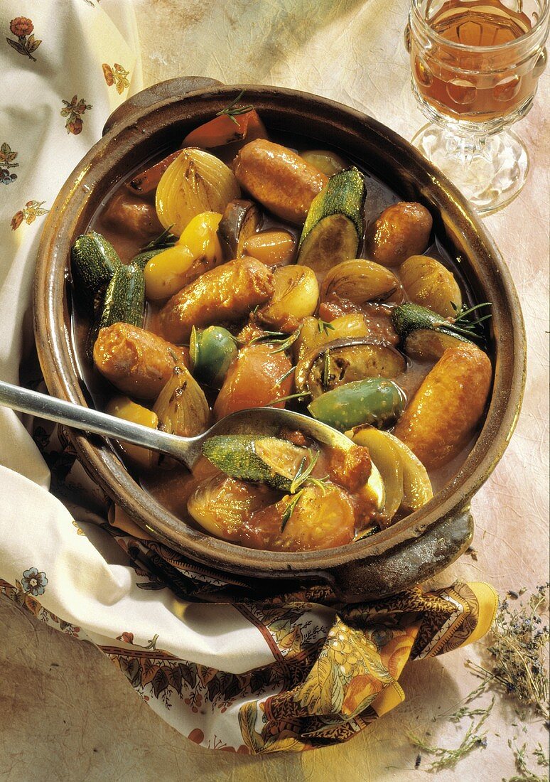 Vegetable and Sausage Stew in a Clay Pot