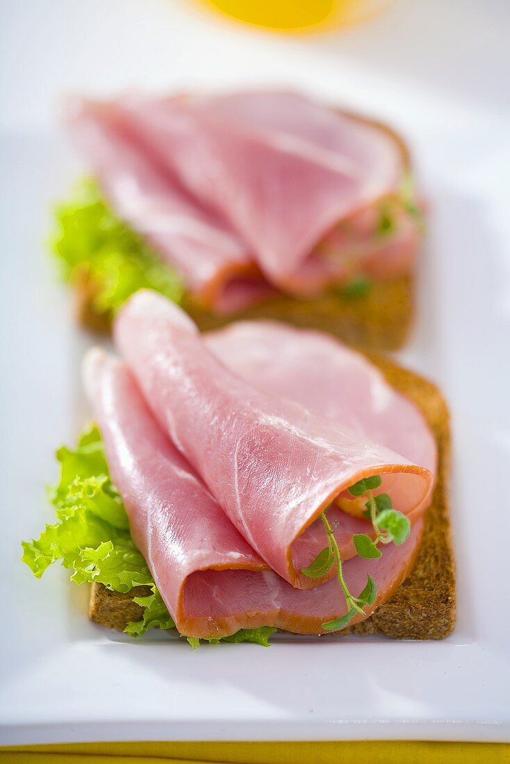 Ham, lettuce and cress on wholemeal bread