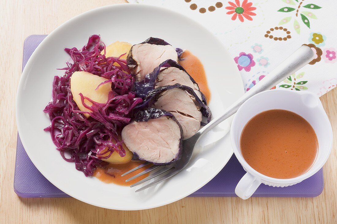 Pork fillet wrapped in red cabbage