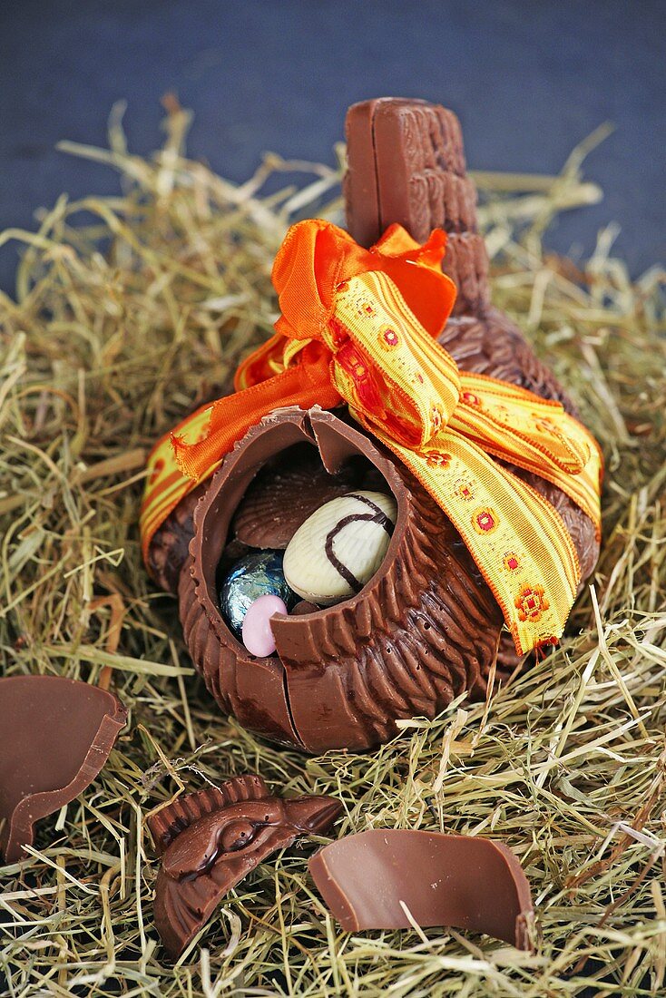 Chocolate hen filled with Easter eggs