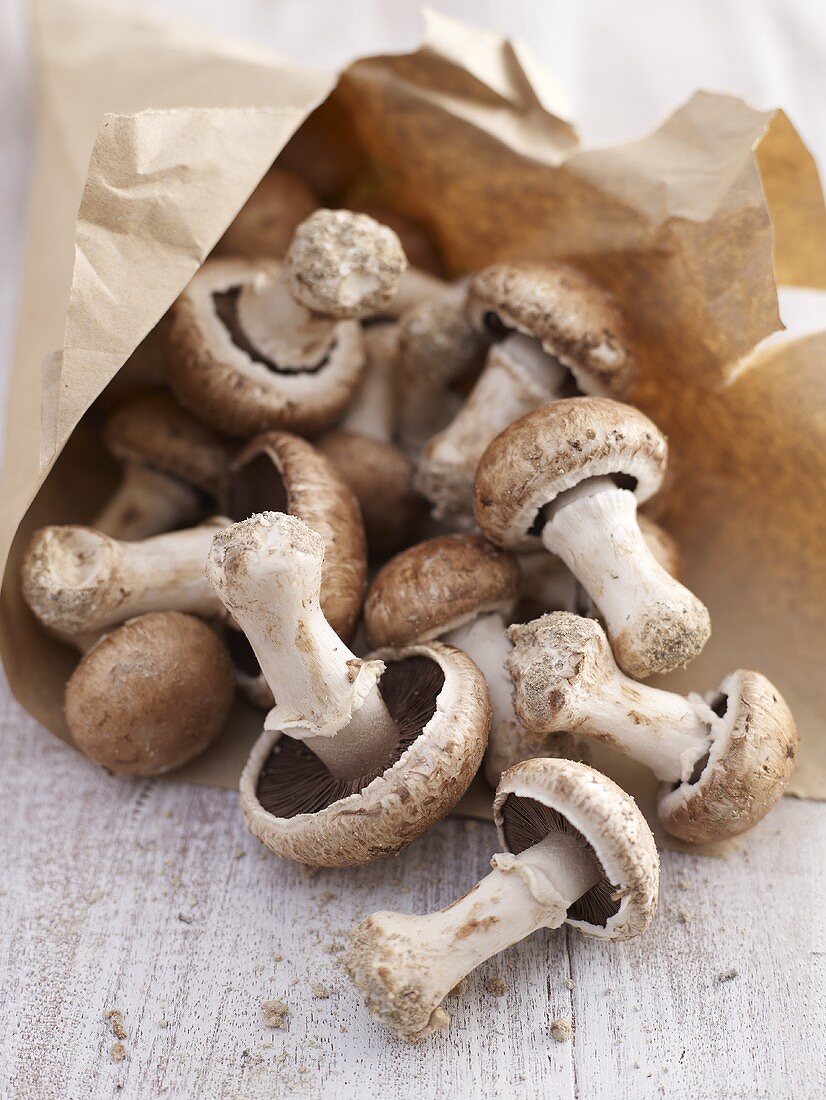 Crimini mushrooms in paper bag