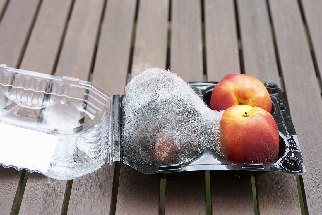 Mouldy nectarines in opened packaging