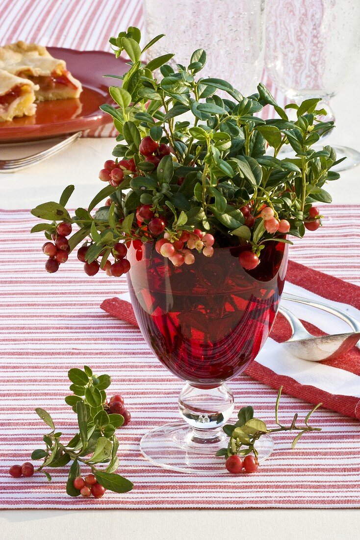 Cranberry twigs with cranberries in a glass