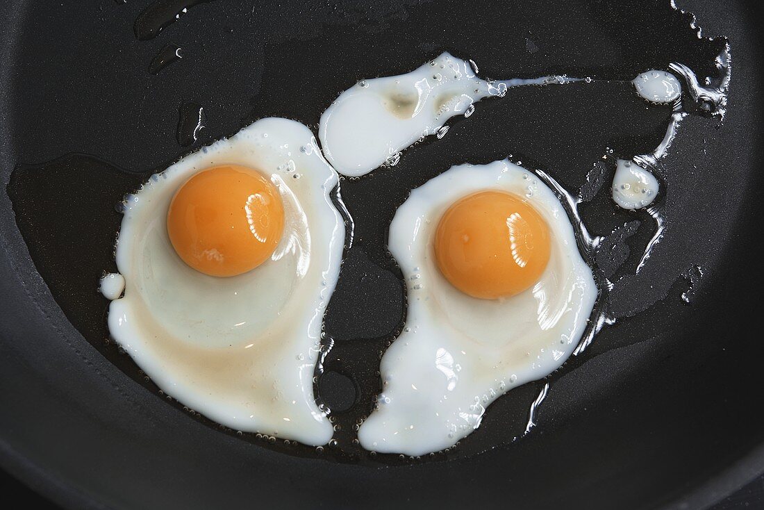 Two fried quails' eggs in frying pan (overhead view)