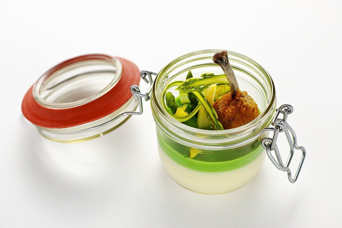 Asparagus and pea mousse with fried chicken wing