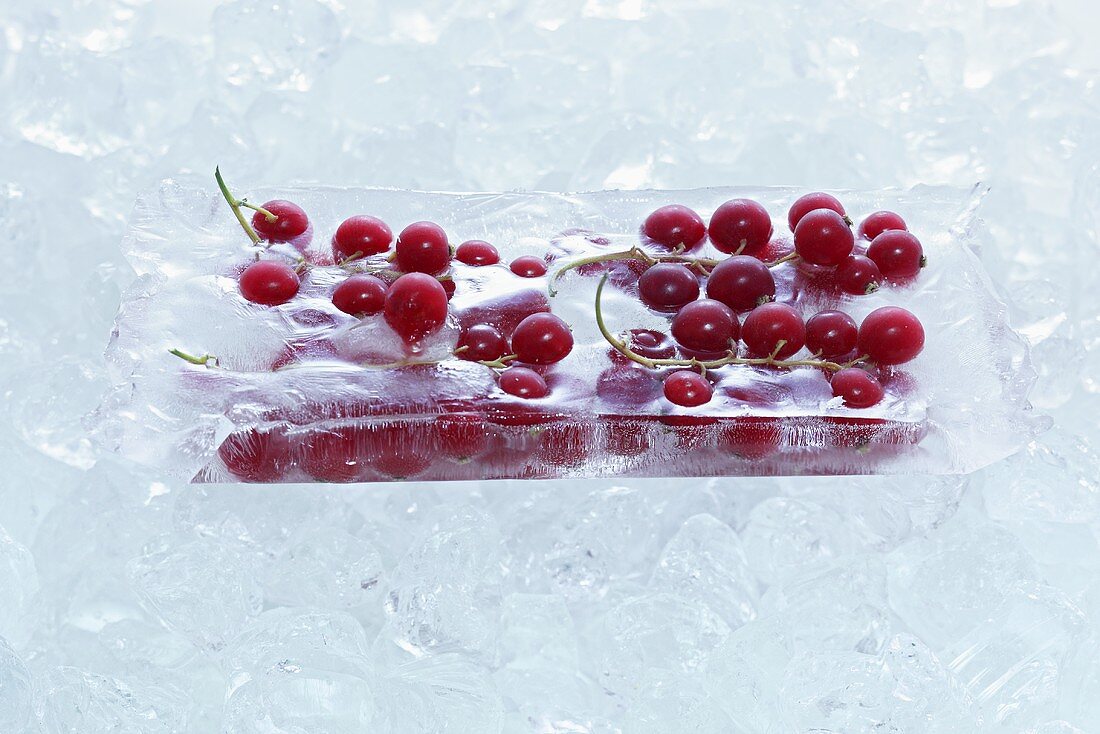 In einem Eisblock gefrorene Johannisbeeren