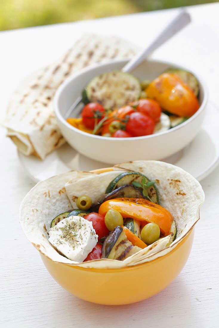 Grilled vegetables with goat's cheese and tortilla