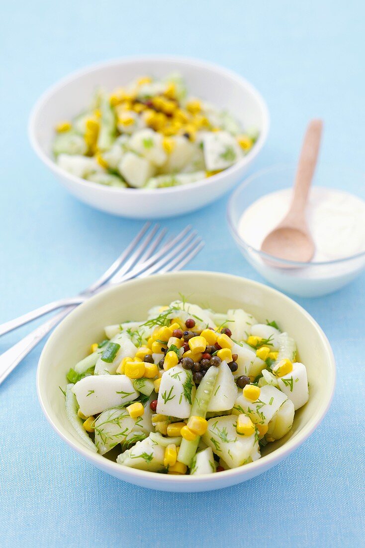Potato, cucumber and sweetcorn salad with green peppercorns