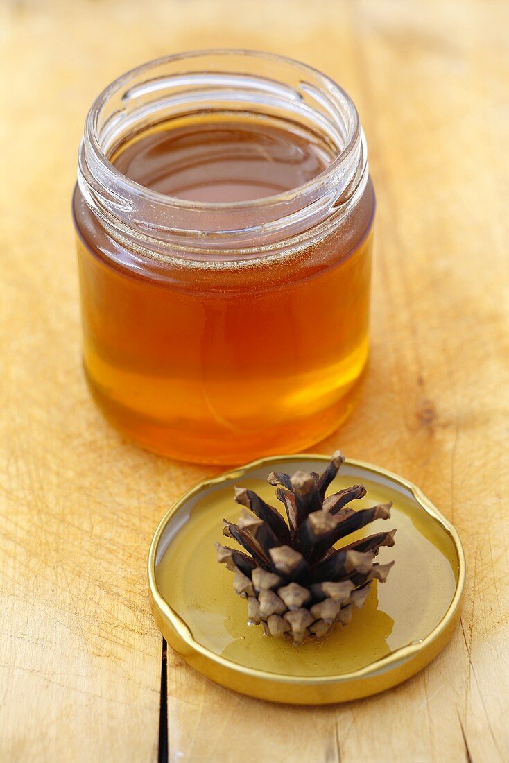 Pine honey in jar with pine cone