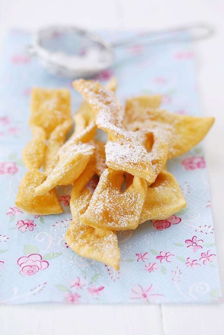 Faworki (deep-fried pastries, Poland) with icing sugar
