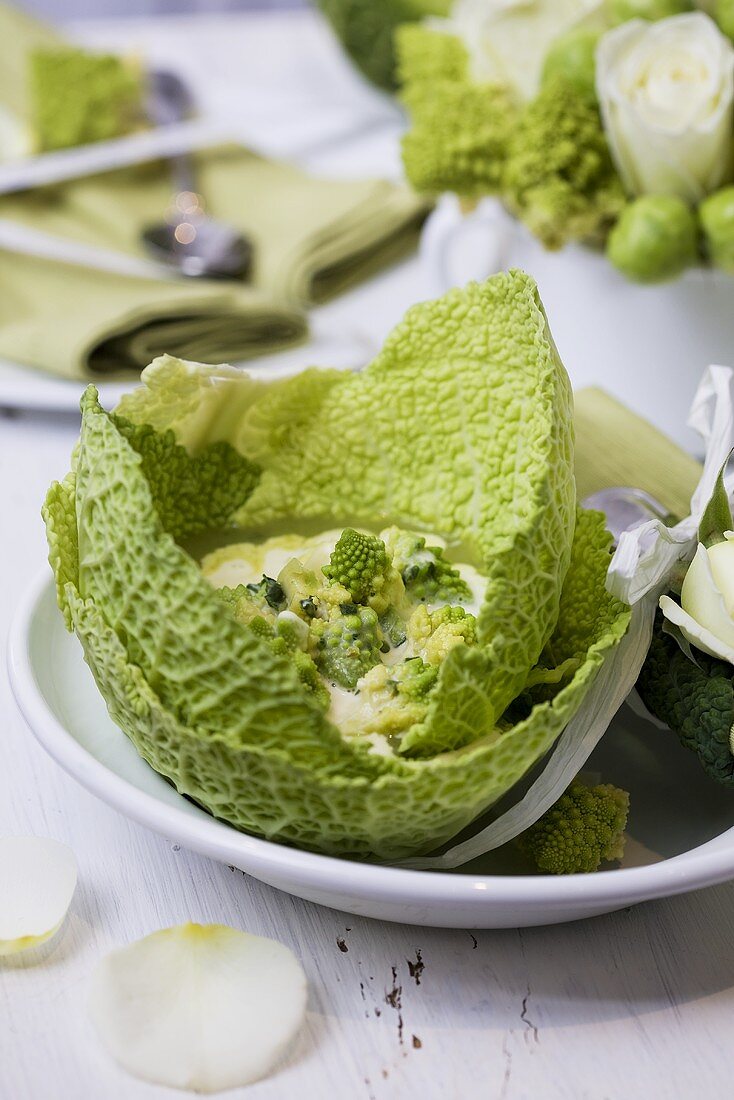 Suppe aus zartem Romanesco, in Wirsingblättern serviert