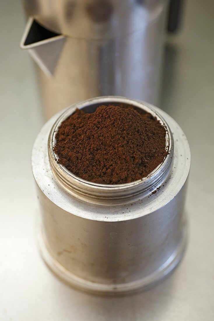 Ground coffee in espresso pot