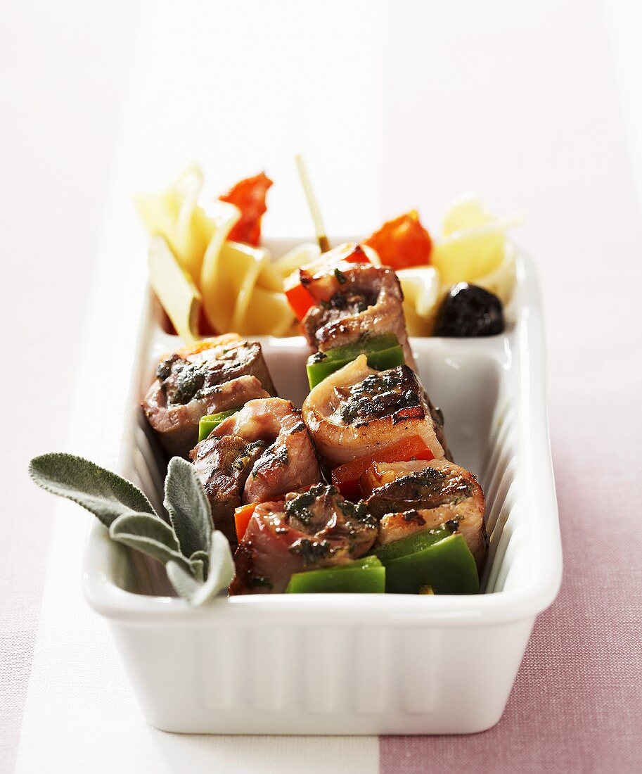 Goose liver, bacon and pepper kebabs