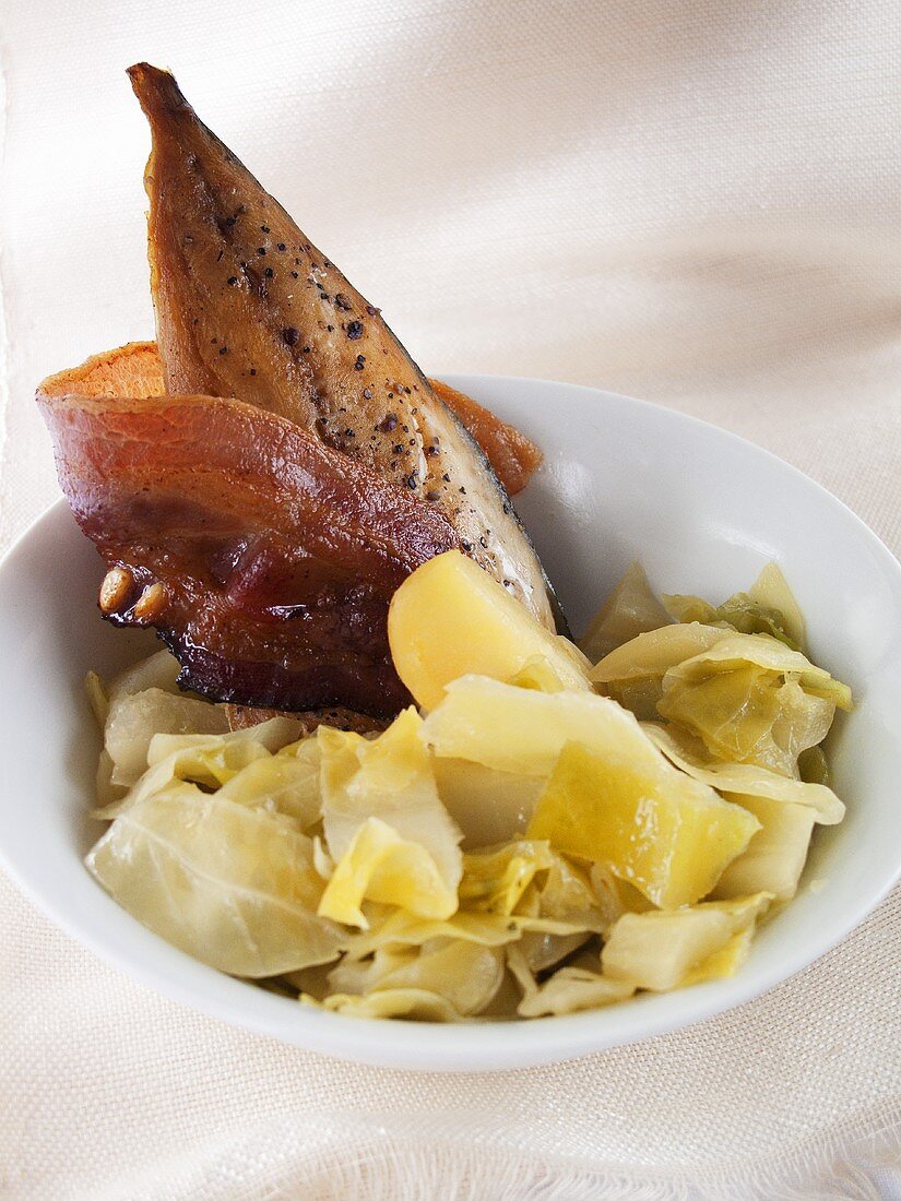 Mackerel with smoked bacon and cabbage