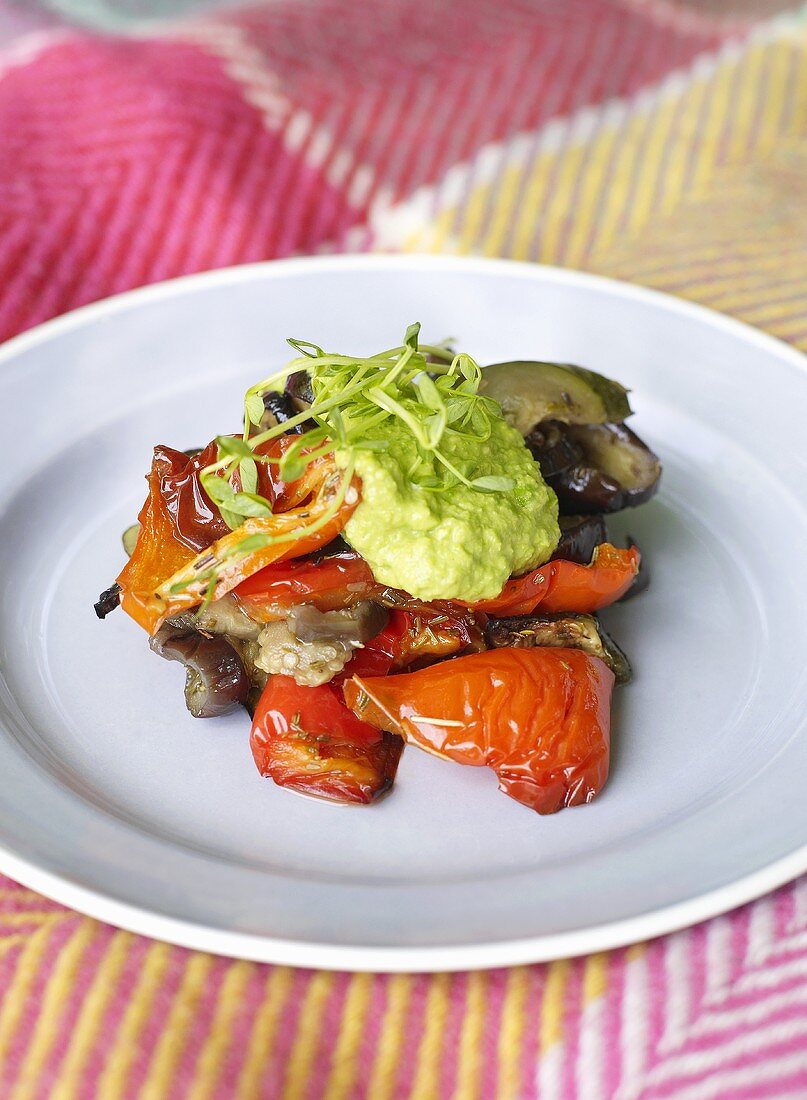 Grilled vegetables with pea puree