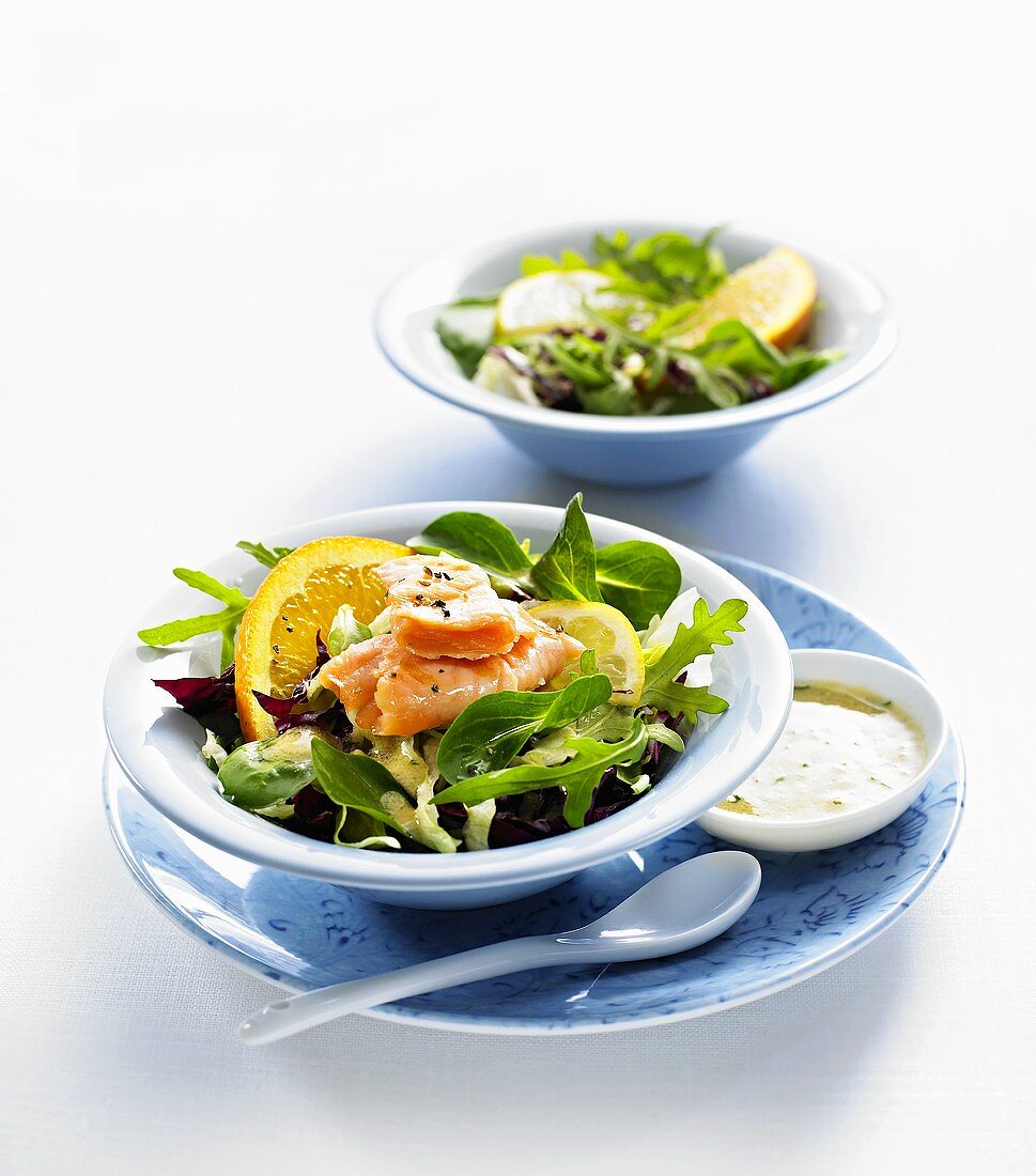 Mixed salad leaves with salmon