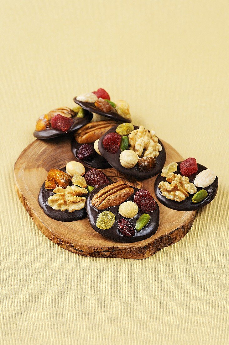 Mendiants with nuts & dried fruit (Chocolate discs, France)