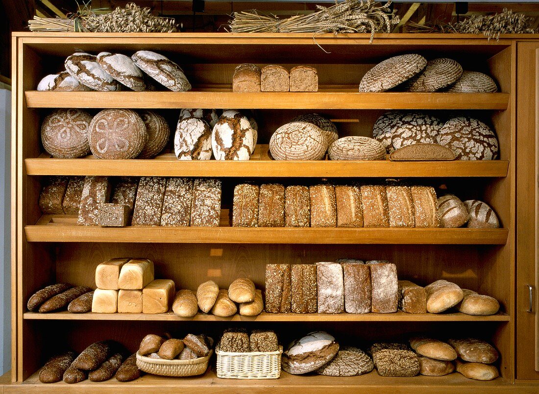 Bread on shelves in an organic baker's shop