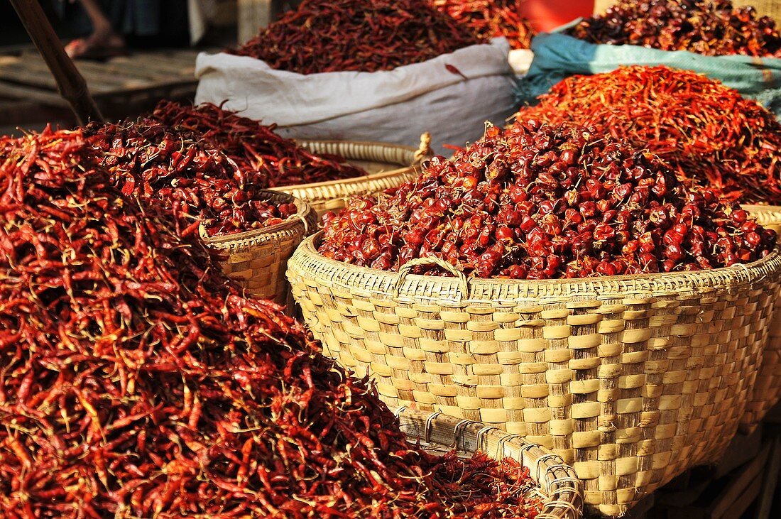 Various types of dried chillies at a market in Burma