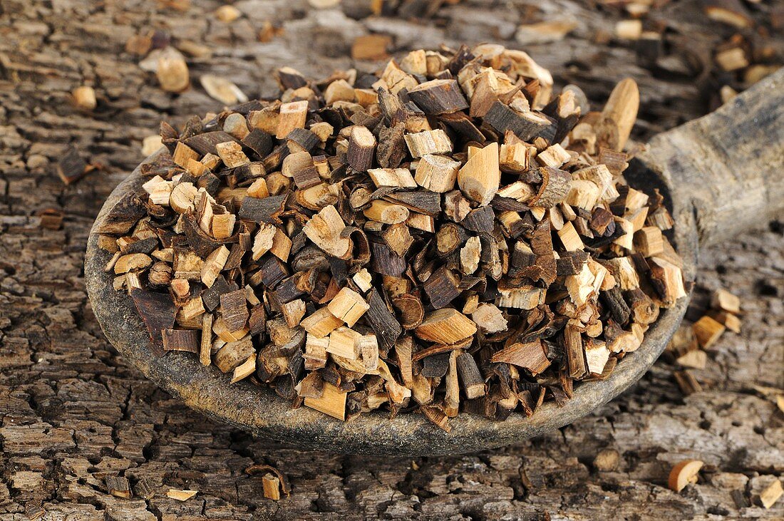 Cinnamon twigs on a wooden spoon