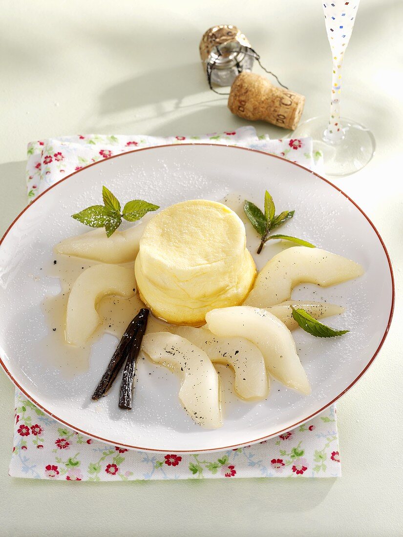 Mascarpone soufflé with warm pears