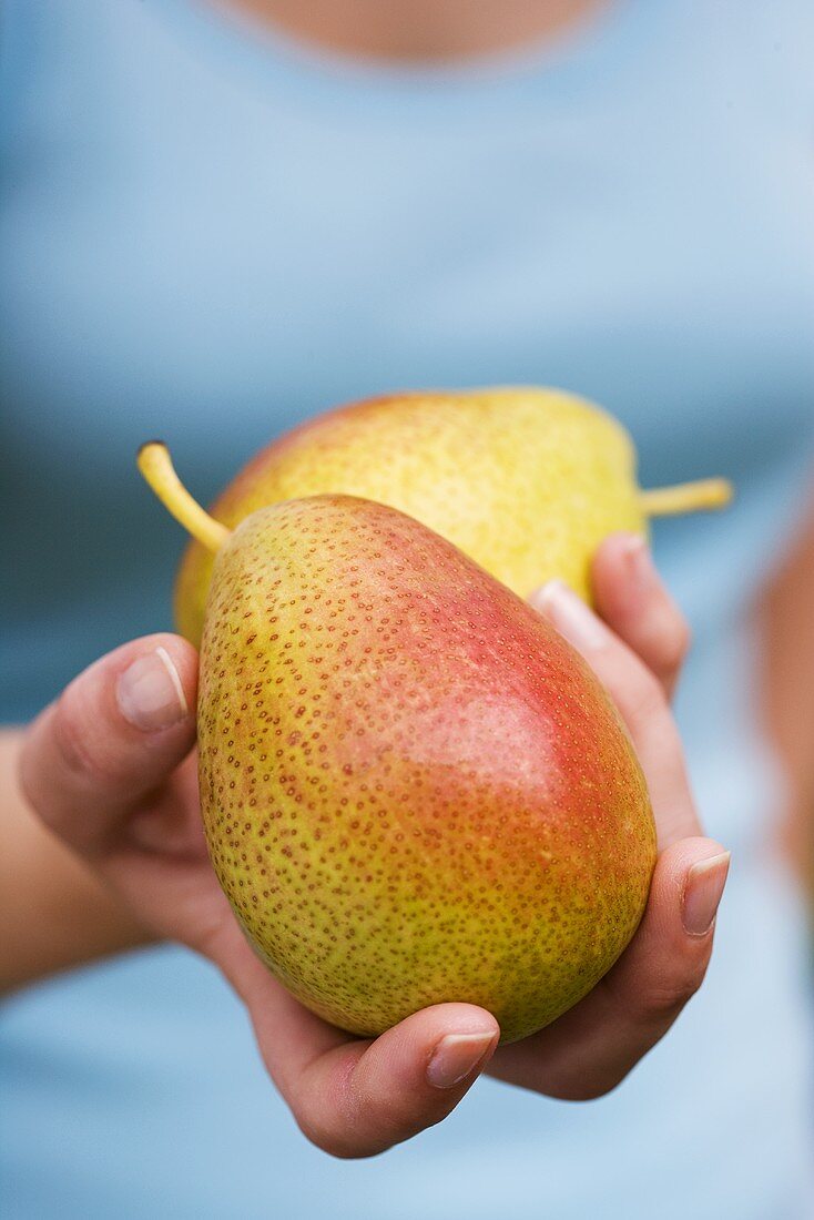 Hand hält zwei Birnen