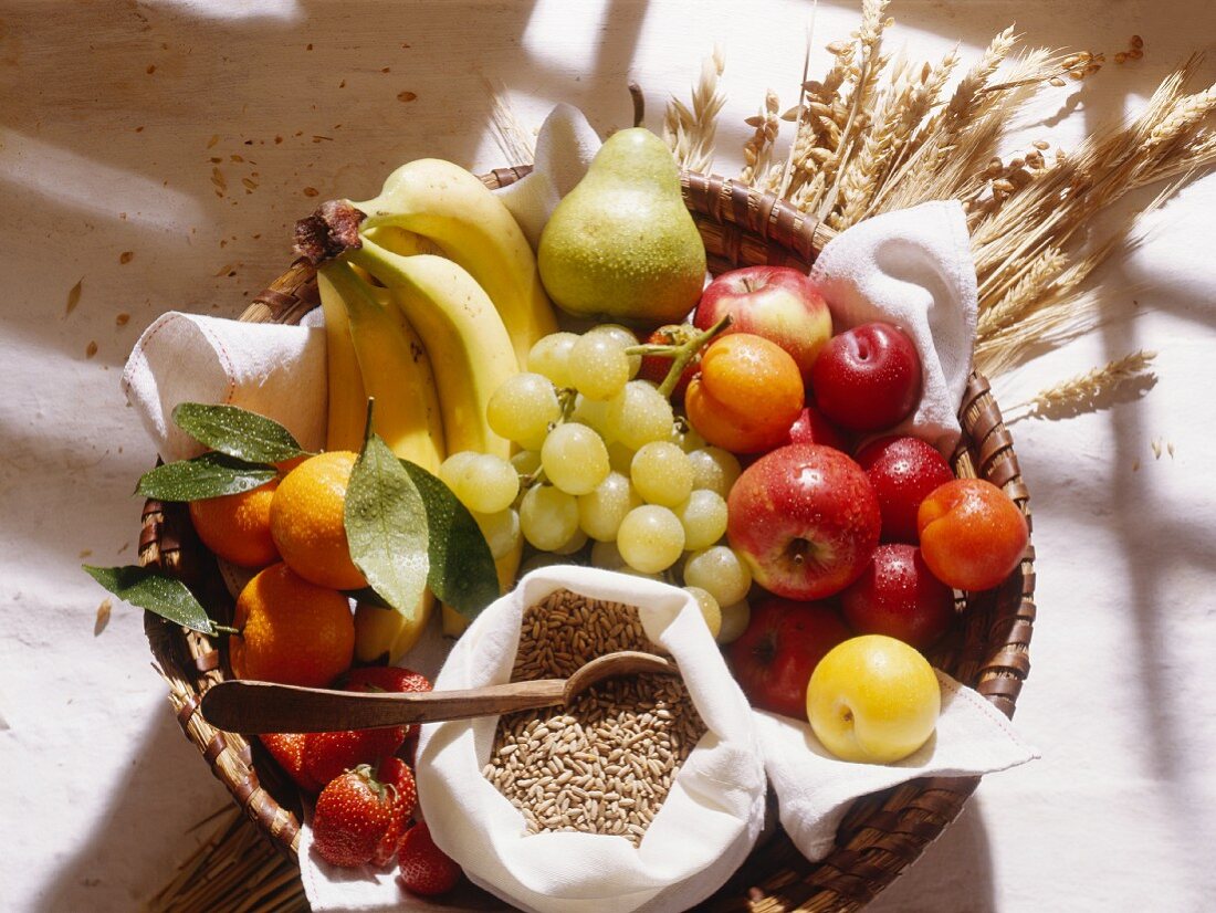 Fruit Selection in Basket with Rye Grains