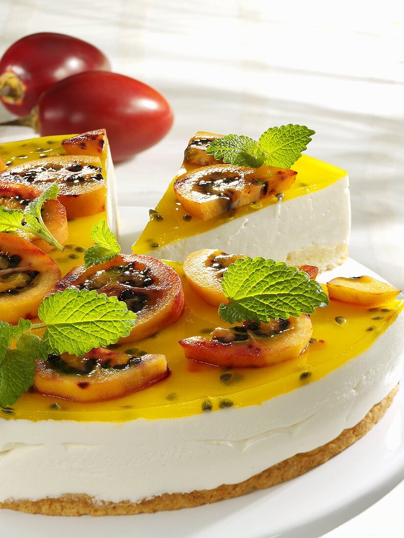 Quark cake with tamarillos and passion fruit