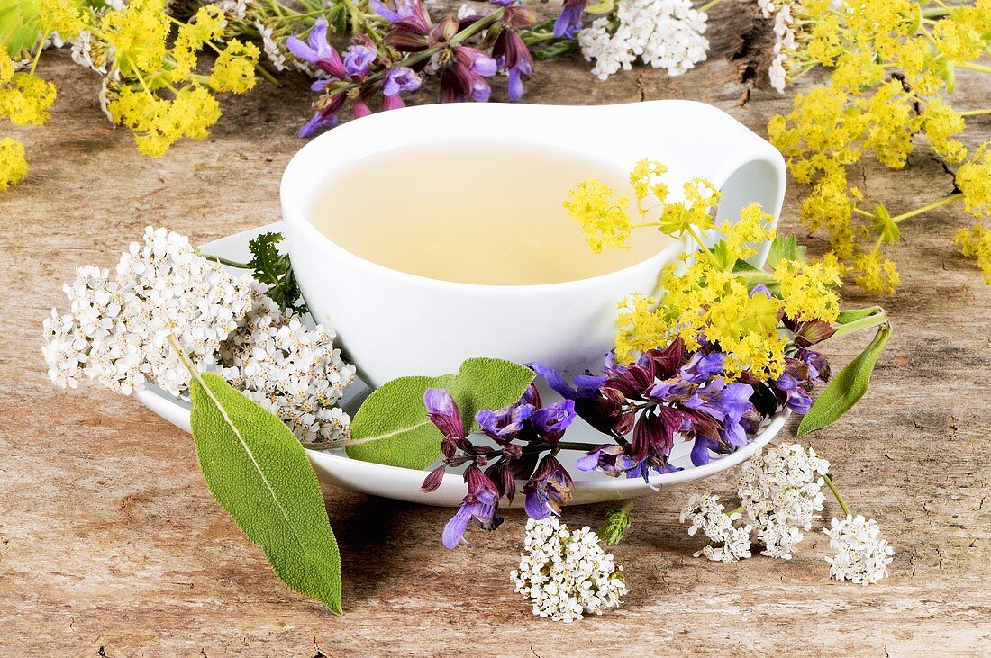Medicinal tea with yarrow, sage and lady's mantle