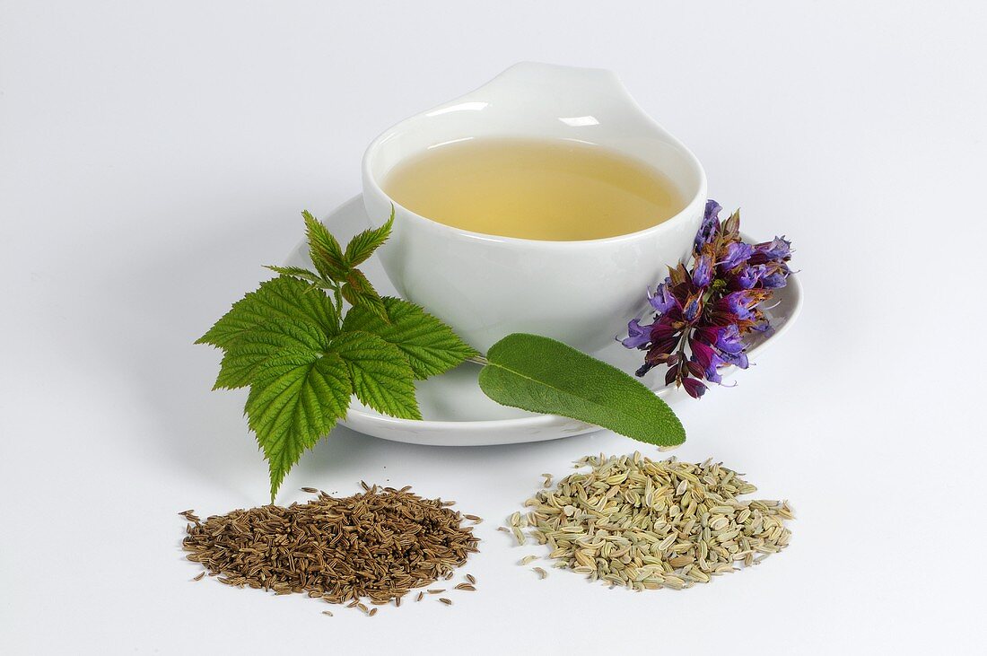 Herbal tea with sage, fennel, caraway and raspberry leaves