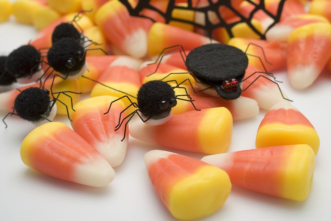 Candy corn with spiders for Halloween
